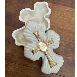 Vintage Holland Mold Religious Cross Shaped Trinket Dish Iridescent Lusterware